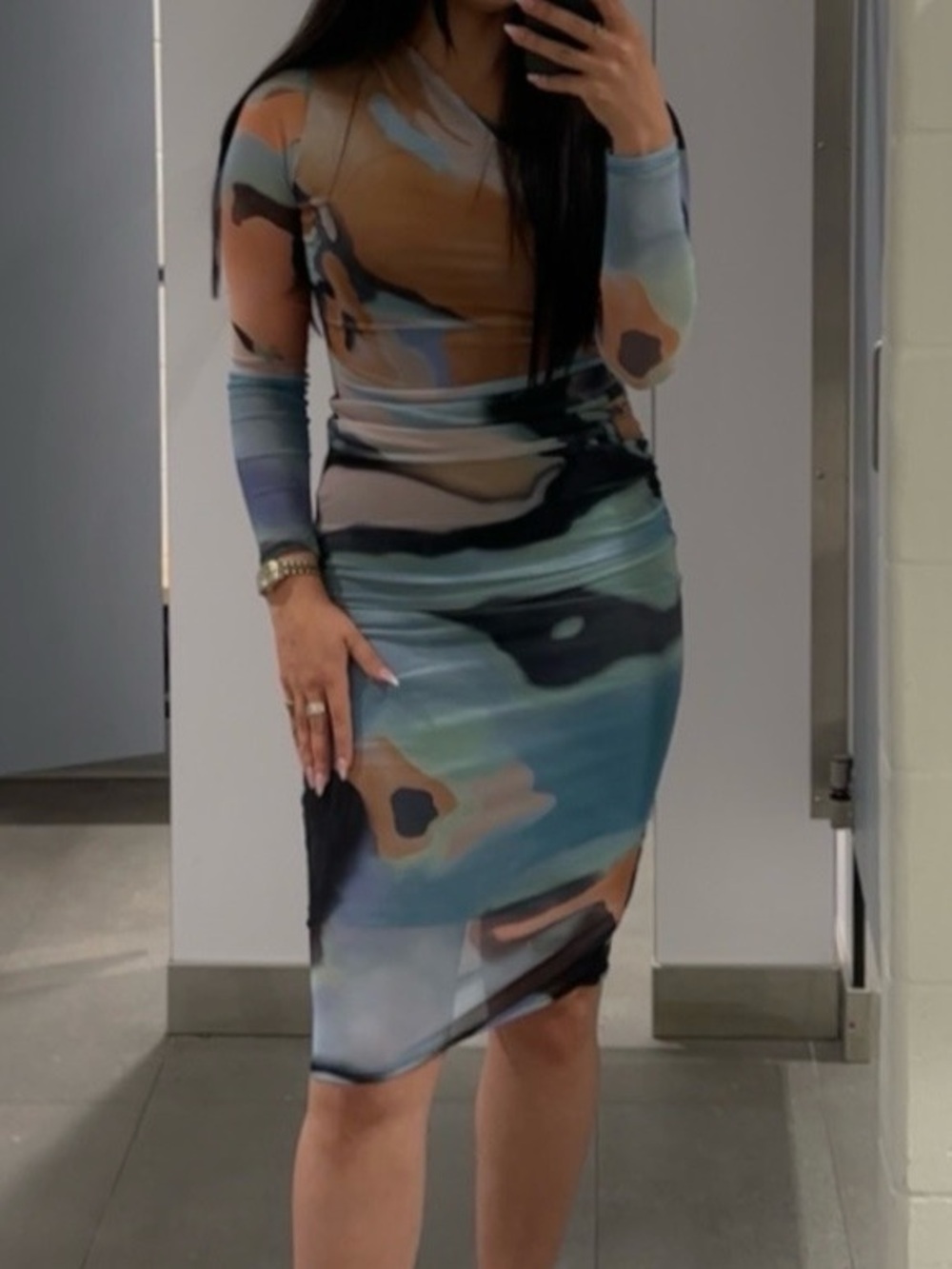 Printed Bodycon Midi Dress in Blue Multi